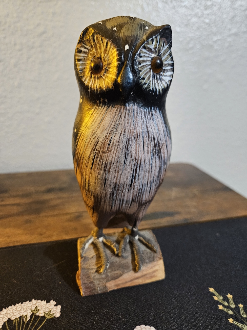 Vintage Hand-Carved Wooden Owl Figurine on Log 6.5” Rustic Folk Art